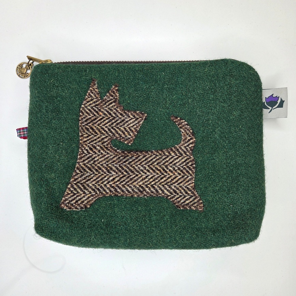 Harris Tweed Green Wool Scottie Dog Pouch Zippered Cosmetic Bag Thistle Charm